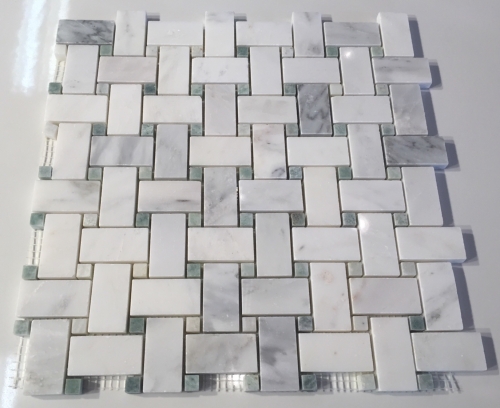 Polished Marble Basketweave Mosaic Tile - White Carrara with Ming Green Dot